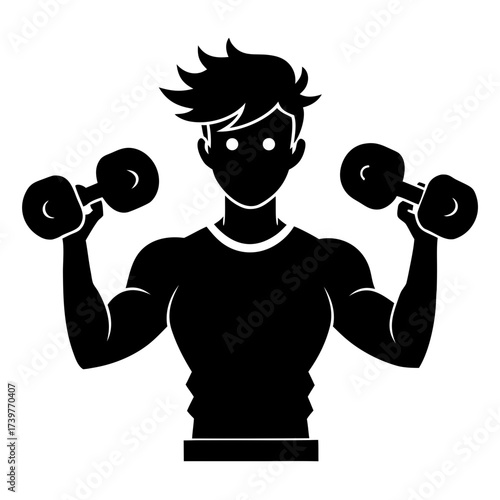 Young man lifting dumbbells silhouette vector black illustration on white background