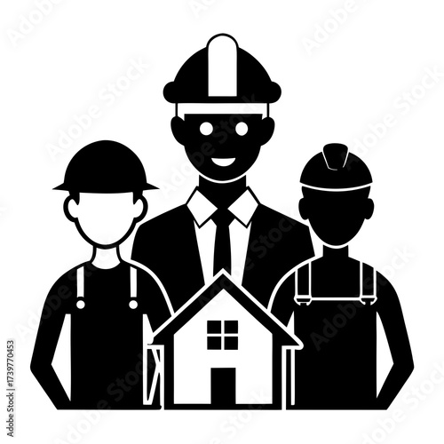Male house builder staff with couple silhouette vector black illustration on white background