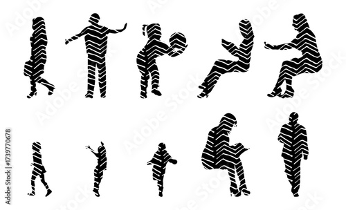 Vector illustration, Outline silhouettes of people, Contour drawing, people silhouette, Icon Set Isolated , Silhouette of sitting people, Architectural set
