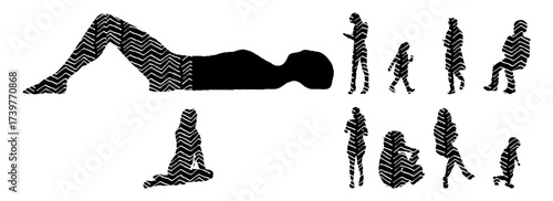 Vector illustration, Outline silhouettes of people, Contour drawing, people silhouette, Icon Set Isolated , Silhouette of sitting people, Architectural set