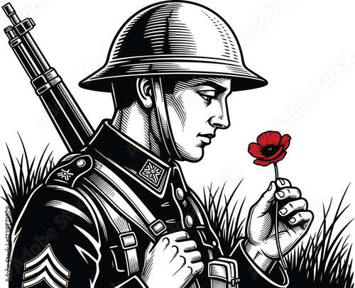 Remembrance day soldier poppy flower memorial illustration