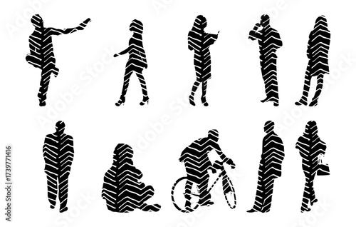 Vector illustration, Outline silhouettes of people, Contour drawing, people silhouette, Icon Set Isolated , Silhouette of sitting people, Architectural set