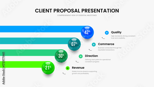 Product Overview 4 Option Infographic Slide Layout. Science Portfolio Four Step Chart Frame Design. Modern Launch Slideshow Template Vector Illustration.