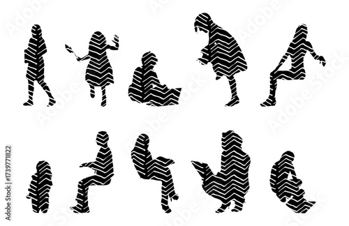 Vector illustration, Outline silhouettes of people, Contour drawing, people silhouette, Icon Set Isolated , Silhouette of sitting people, Architectural set