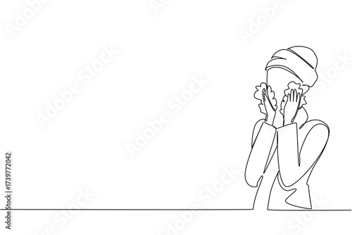 Continuous line drawing celebrates National Skincare Education Day, featuring a woman gently cleansing her face. The design emphasizes health concept and beauty awareness through simple elegance.