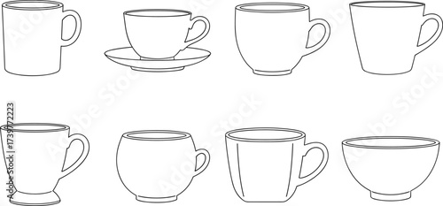 Cup and mug vector, drinkware silhouette set, black line illustration, kitchen utensil icons, beverage container design, cad drawing flat vector illustration