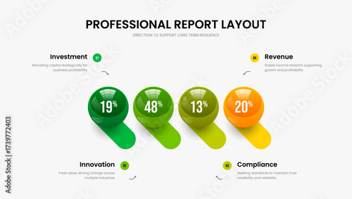 Digital Report Four Element Infographic Frame Layout. Professional Briefing Slideshow Template Vector Illustration. Simple Review 4 Option Graph Slide Design.