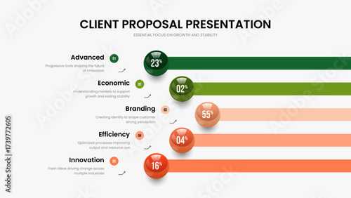 Market Briefing Slide Layout Vector Illustration. Minimal Introduction 5 Element Diagram Frame Design. Corporate Portfolio Five Option Chart Presentation Template.