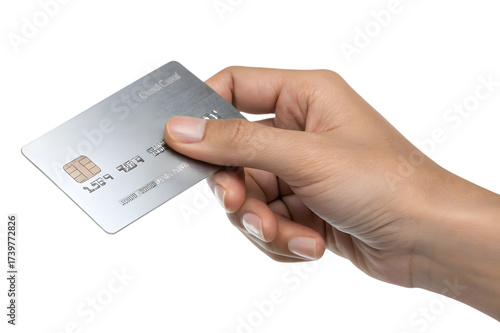 Close up of a human hand holding a silver credit card for payment or identification isolated on transparent background