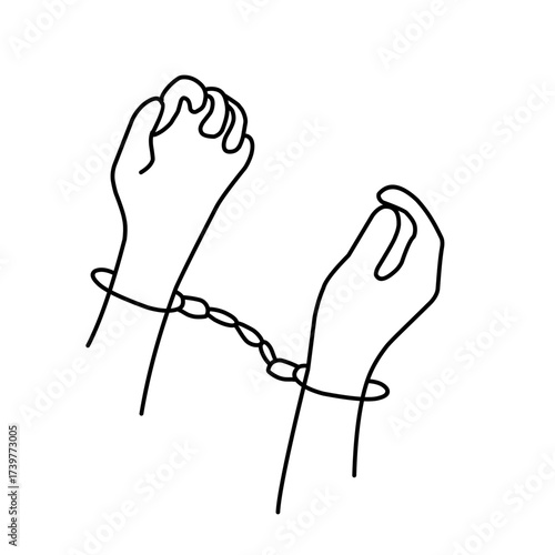 Hands in handcuffs outline icon. Handcuffed hands illustration. Handcuffed hands line art illustration. Handcuff bracelet illustration 