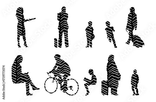 Vector illustration, Outline silhouettes of people, Contour drawing, people silhouette, Icon Set Isolated , Silhouette of sitting people, Architectural set