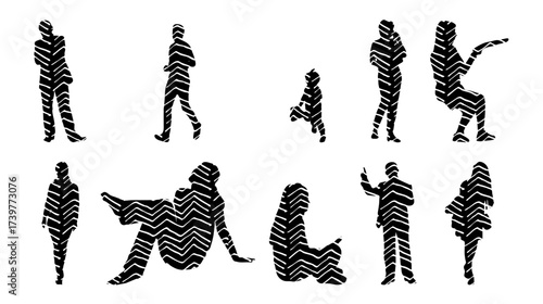Vector illustration, Outline silhouettes of people, Contour drawing, people silhouette, Icon Set Isolated , Silhouette of sitting people, Architectural set