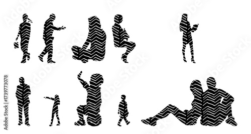 Vector illustration, Outline silhouettes of people, Contour drawing, people silhouette, Icon Set Isolated , Silhouette of sitting people, Architectural set