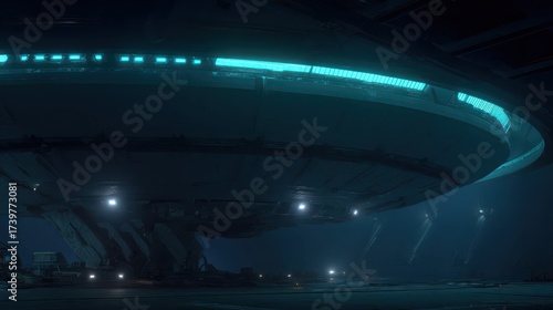 Spaceship with glowing blue lights at night in the dark sky