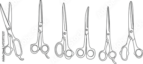Hair cutting scissors, barber tool vector, professional salon equipment, black silhouette design, stylist accessory icons, cad drawing flat vector illustration