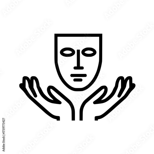Conceptual mask icon held by open hands representing identity support and emotion in vector style