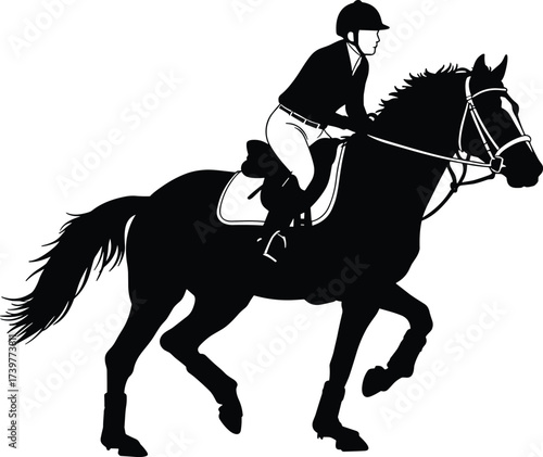 Horse rider silhouette vector, equestrian sport pose, cad drawing, flat illustration, dynamic motion, saddle, reins, helmet, symmetrical design