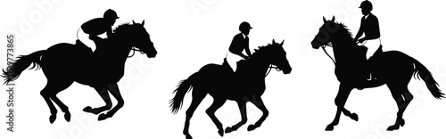 Horse riding silhouette vector, equestrian poses, gallop trot walk, cad drawing, flat illustration, dynamic motion, clean symmetrical design