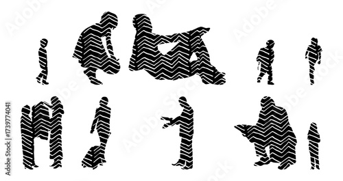 Vector illustration, Outline silhouettes of people, Contour drawing, people silhouette, Icon Set Isolated , Silhouette of sitting people, Architectural set