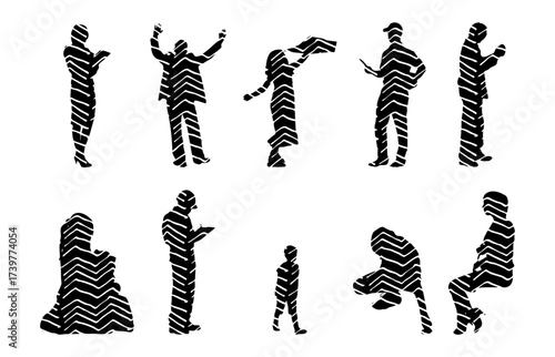 Vector illustration, Outline silhouettes of people, Contour drawing, people silhouette, Icon Set Isolated , Silhouette of sitting people, Architectural set