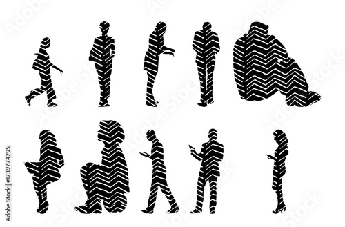 Vector illustration, Outline silhouettes of people, Contour drawing, people silhouette, Icon Set Isolated , Silhouette of sitting people, Architectural set