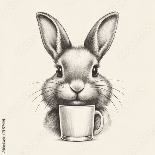 Cute bunny, curious mood, holding a small mug, against a light beige background with copy space