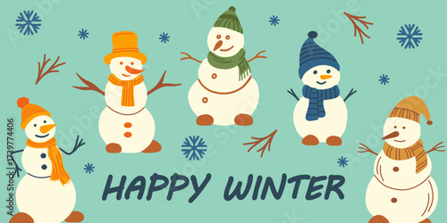 Happy winter! Vector greeting template. Christmas winter greeting card with cute snowmen. Vector illustration.