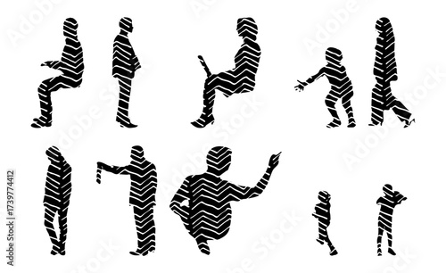 Vector illustration, Outline silhouettes of people, Contour drawing, people silhouette, Icon Set Isolated , Silhouette of sitting people, Architectural set