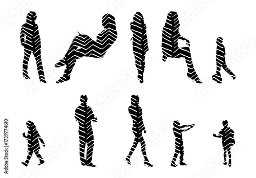 Vector illustration, Outline silhouettes of people, Contour drawing, people silhouette, Icon Set Isolated , Silhouette of sitting people, Architectural set