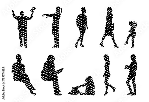Vector illustration, Outline silhouettes of people, Contour drawing, people silhouette, Icon Set Isolated , Silhouette of sitting people, Architectural set
