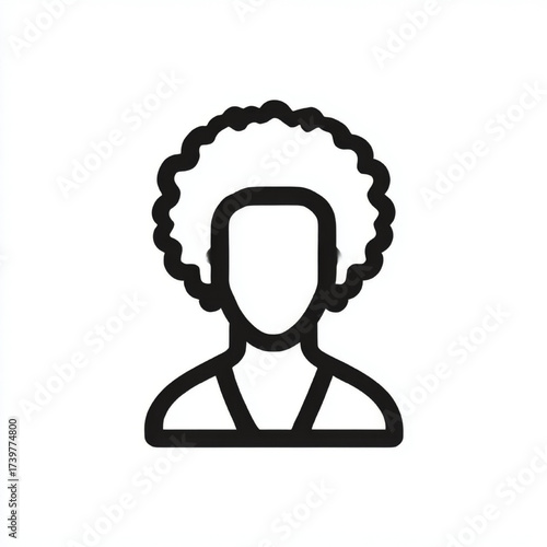 Afro hairstyle user icon, minimalist outline style, in black on white, representing diversity and identity with copy space