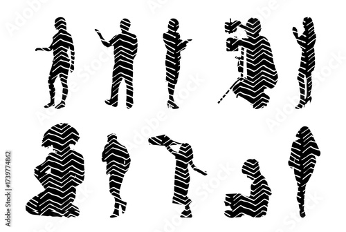 Vector illustration, Outline silhouettes of people, Contour drawing, people silhouette, Icon Set Isolated , Silhouette of sitting people, Architectural set