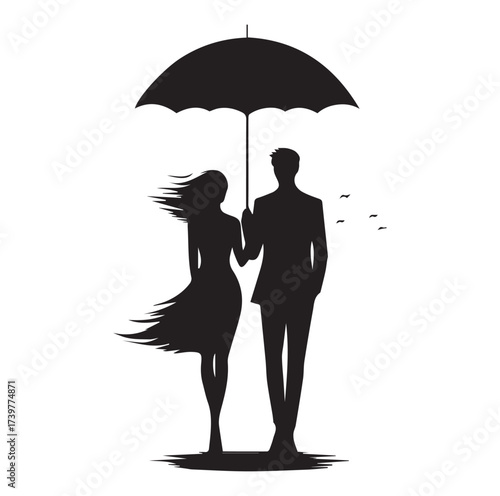 A Romantic couple holding umbrella silhouette and Vector