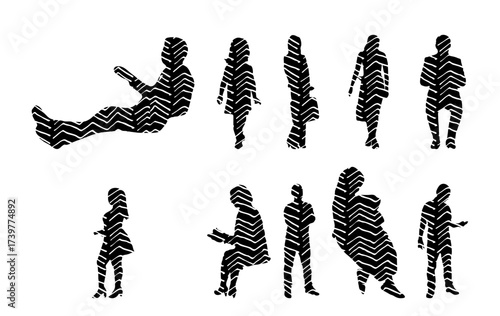 Vector illustration, Outline silhouettes of people, Contour drawing, people silhouette, Icon Set Isolated , Silhouette of sitting people, Architectural set