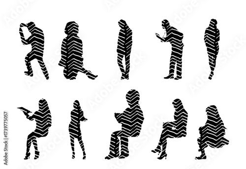 Vector illustration, Outline silhouettes of people, Contour drawing, people silhouette, Icon Set Isolated , Silhouette of sitting people, Architectural set