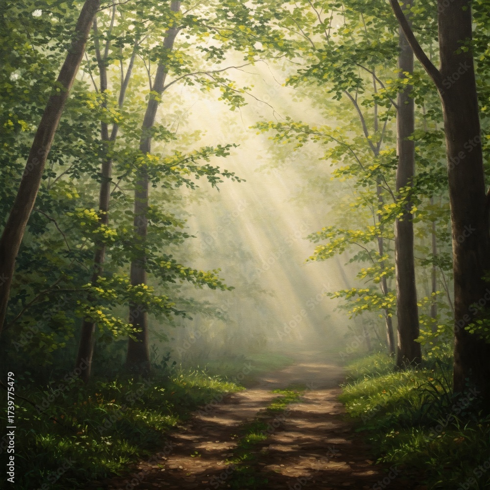 Obraz premium Forest path with sunbeams. Realistic oil painting of a trail winding through a sunny, misty woodland. 