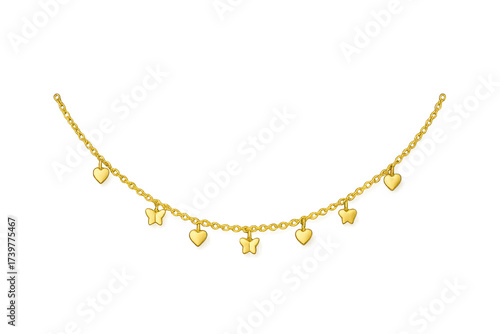 Elegant gold chain with heart and butterfly charms isolated on transparent background