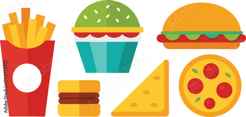 Scalable vector illustration of delicious fast food bundle pizza burgers fries icon set