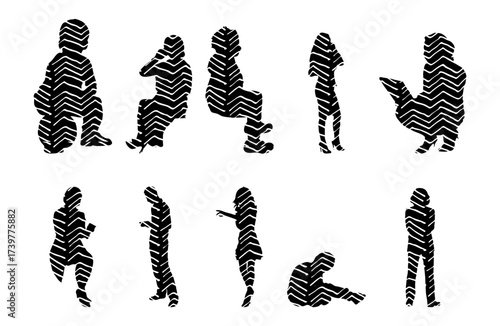 Vector illustration, Outline silhouettes of people, Contour drawing, people silhouette, Icon Set Isolated , Silhouette of sitting people, Architectural set