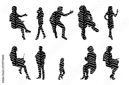 Vector illustration, Outline silhouettes of people, Contour drawing, people silhouette, Icon Set Isolated , Silhouette of sitting people, Architectural set