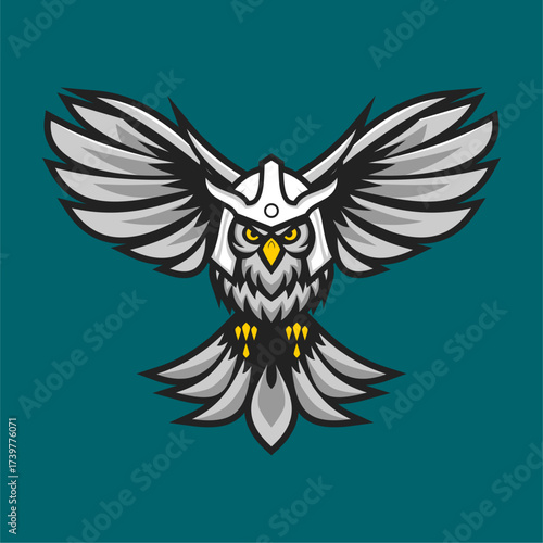A fierce owl with wide open wings, wearing a knight’s helmet, symbolizing strength and protection.