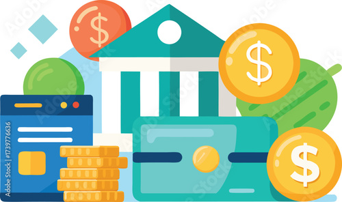 Finance and banking vector illustration coins credit card and bank building icons scalable eps