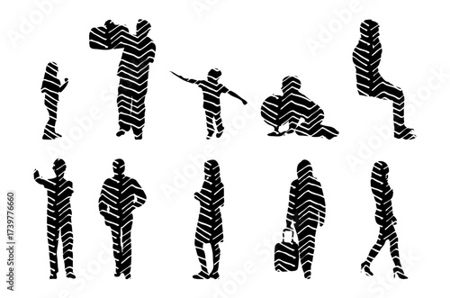Vector illustration, Outline silhouettes of people, Contour drawing, people silhouette, Icon Set Isolated , Silhouette of sitting people, Architectural set