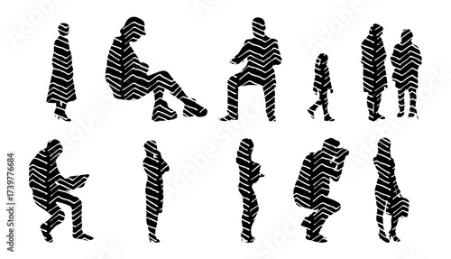 Vector illustration, Outline silhouettes of people, Contour drawing, people silhouette, Icon Set Isolated , Silhouette of sitting people, Architectural set