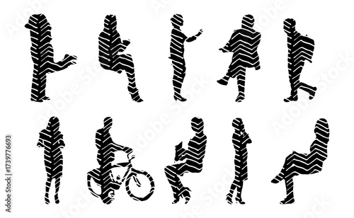 Vector illustration, Outline silhouettes of people, Contour drawing, people silhouette, Icon Set Isolated , Silhouette of sitting people, Architectural set