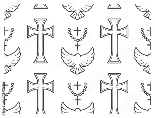 Seamless Pattern of Christian Symbols with Crosses Doves and Rosaries Outline Style