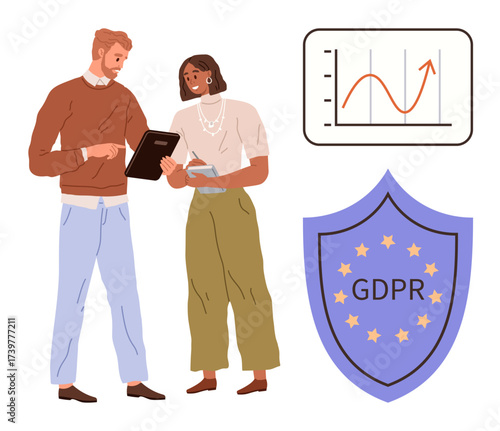 Two colleagues reviewing documents, data analytics graph, and GDPR compliance shield. Ideal for data compliance, analytics, privacy, teamwork, EU regulations, business strategy simple flat metaphor