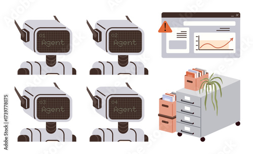 Group of AI robots, data chart with warning alert, and office filing cabinets with files and plant. Ideal for automation, AI, digital workflows, office productivity, technology, data analysis simple