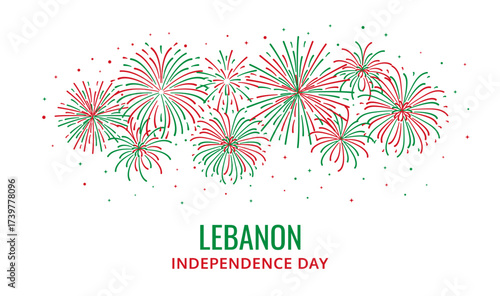 Lebanon independence day banner template with national flag color and fireworks. Green red explosion. Vector illustration in flat style