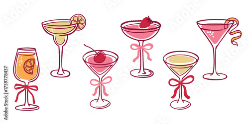 Vector set of cocktail glasses with fruits and ribbons. Elegant hand drawn drinks with lemon, cherry, strawberry and orange. Perfect for bar menu, party, celebration and summer design